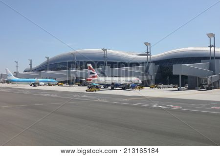 ZAGREB, CROATIA - MAY 19, 2017: New modern airport building with wave form in Zagreb. Opened in March 2017