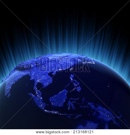 Southeast Asia volume 3d rendering. Maps from NASA imagery