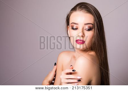 Beautiful Woman Skin Tanned Red Lips Healthy Beauty Skin Smile. Spa Beautiful Model Girl Cute Face O