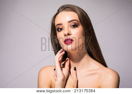 Beautiful Woman Skin Tanned Red Lips Healthy Beauty Skin Smile. Spa Beautiful Model Girl Cute Face O