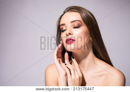 Beautiful Woman Skin Tanned Red Lips Healthy Beauty Skin Smile. Spa Beautiful Model Girl Cute Face O