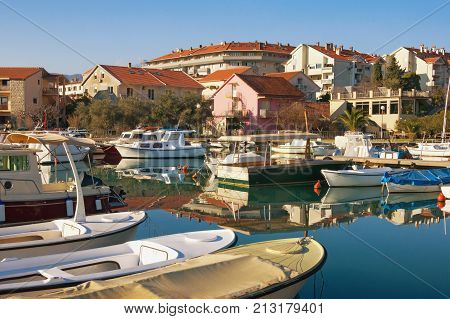 View of Mediterranean town of Tivat (Marina Kalimanj) on a winter day. Bay of Kotor, Montenegro