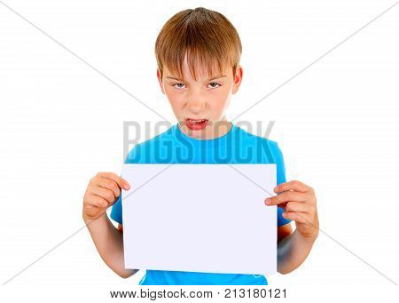 Angry Kid hold the Blank Paper on the White Background