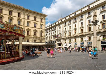 FLORENCE,ITALY - JULY 22,2017 : Tourists and locals at  Piazza della Repubblica in Florence