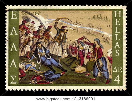 GREECE - CIRCA 1971: A stamp printed in Greece shows the death of Isaiah, bishop of Salona in battle, 