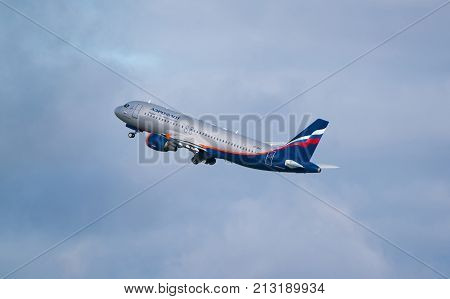 Moscow, Sheremetyevo airport, Russia - September 24, 2016: Aeroflot - Russian Airlines Airbus A320-214 VP-BKY takes off