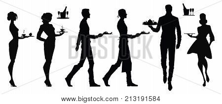 Set of vector silhouettes of waiters. Waiters and waitresses in different poses. without background