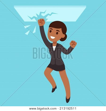 Black business woman breaking glass ceiling. Successful people of color in corporate culture. Cartoon vector illustration.