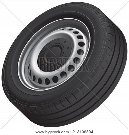 High quality vector illustration of typical vans wheel with pressed disc isolated on white background. File contains gradients blends and transparency. No strokes.