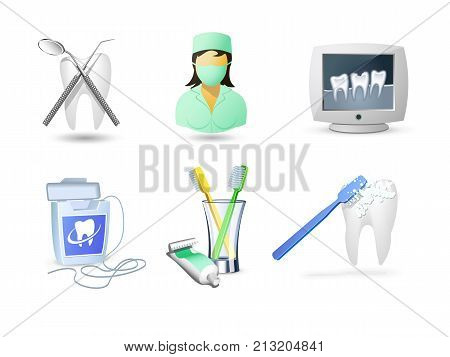 Accessories for dental care. Teeth brush, paste, thread for cleaning teeth. Vector illustration.
