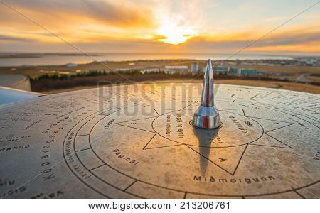 Reykjavik, Iceland - March 27 2016: The sun compass of Iceland located on Perlan building on the hill of Reykjavik the capital cities of Iceland.