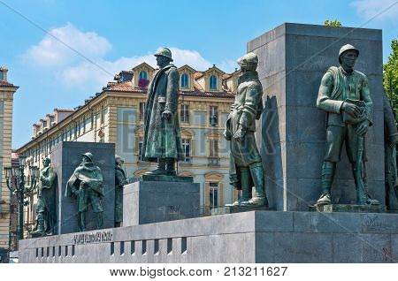 Turin, Italy -  June 24, 2010:  Castello square, the monumental group in memory of the Duca D'Aosta