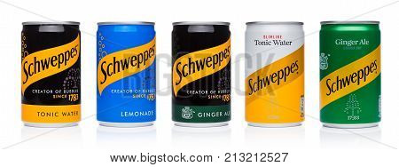 London, Uk - November 10, 2017: Schweppes Tins Soda Drinks Taste On White.the Dr Pepper Snapple Grou