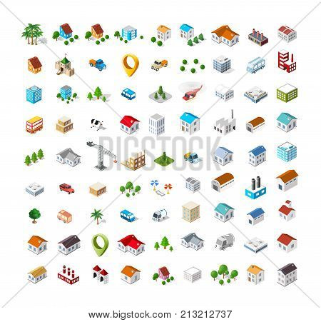 Isometric vector 3D icon city buildings for web concept set which includes house crane homes shop stores supermarkets and industrial elements