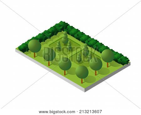 Isometric buildings city park furniture. Parkland garden concept with tree bench and sidewalk in 3d flat tridimensional style. Vector illustration.