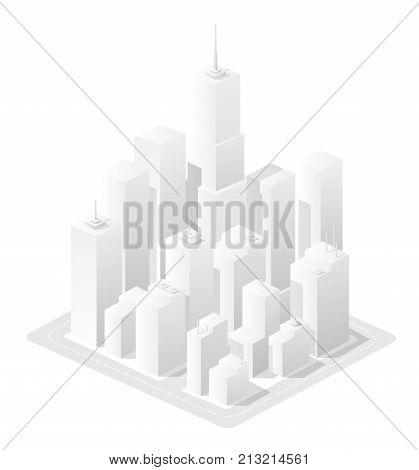 Isometric 3D isolated white landscape urban area of real estate commercial residential flat building houses concept private and municipal housing