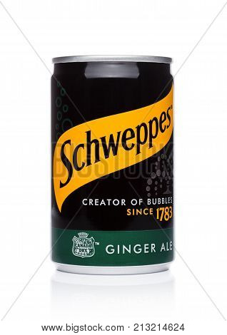 London, Uk - November 10, 2017: Schweppes Tin Ginger Ale Taste On White.the Dr Pepper Snapple Group