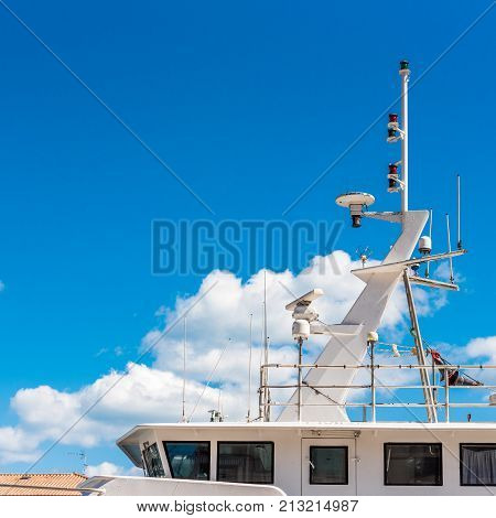 View Of The Yacht Masthead Against The Blue Sky, Sete, France. Copy Space For Text