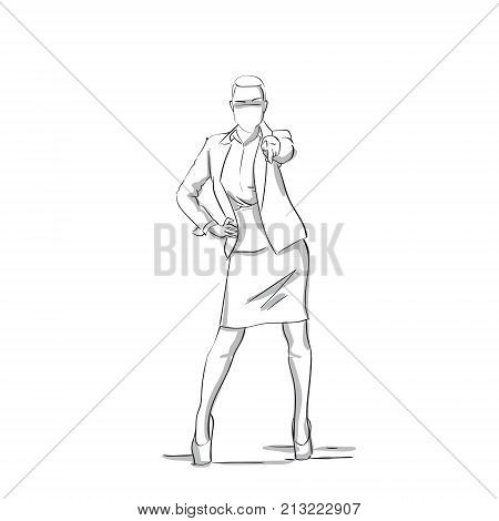 Sketch Silhouette Of Confedent Business Woman Talking On Phone Conversation Holding Arm On Hips Businesswoman Full Length On White Background Vector Illustration