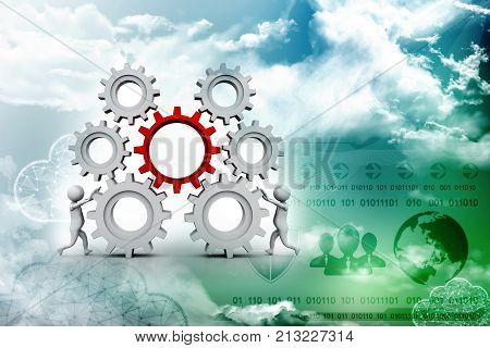 3d people - man, person running in gear wheels. Businessman and gear mechanism