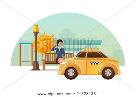 Taxi order service. Online service taxi order, call by phone, mobile application. Taxi online, cityscape. Girl in an autumn park, sitting on bench ordering taxi. Illustration character cartoon person.