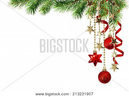 Christmas corner arrangement with green pine twigs hanging red decorations and silk twisted ribbons isolated on white background