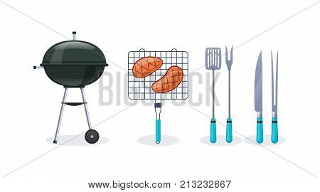 Barbecue party. BBQ, mangal with barbecue, cutlery, grill meat, fire, sauces, condiment. Preparation of fresh delicious steaks on grill, open air, rest, weekend home dinner Vector illustration