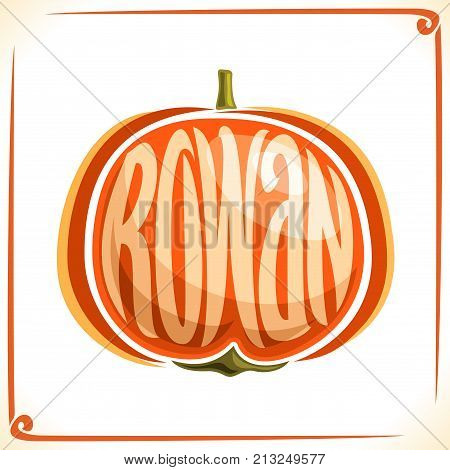 Vector logo for Rowan, label with one orange sorbus berry for package of healthy jam, price tag with original font for word rowan inscribed in fruit shape, sticker of rowanberry for autumn decoration.
