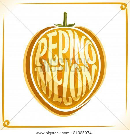 Vector logo for Pepino Melon, label with one fruit for package of fresh juice or ice cream, price tag with original font for words pepino melon inscribed in fruit shape, sticker for vegan store.