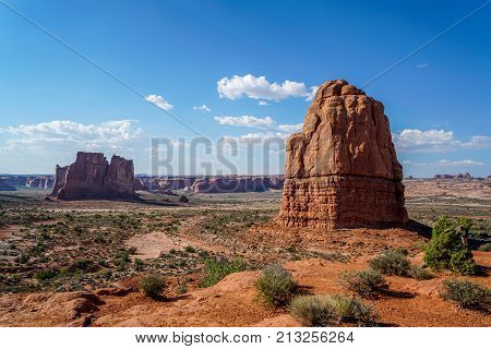 Some beautiful red rock mesas in Arches National Park in Utah.