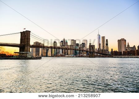 A Scenic View Of The Skyscrapers Of New York City And The Brooklyn Bridge