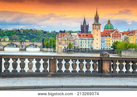 Wonderful colorful sunset spectacular cityscape and Vltava river with old stone Charles bridge in Prague Czech Republik Europe