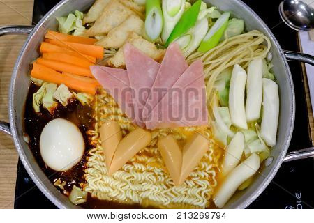 Budaejjigae or Instant noodles hot pot Korean style that to put many things