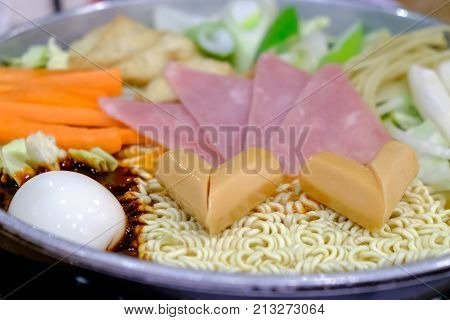 Budaejjigae or Instant noodles hot pot Korean style that to put many things