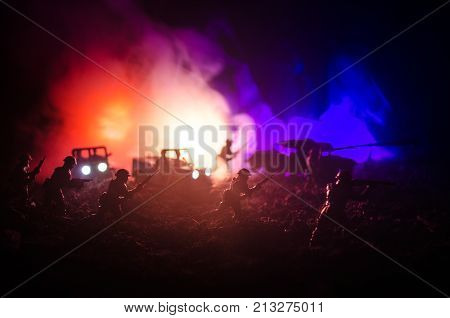 War Concept. Military Silhouettes Fighting Scene On War Fog Sky Background, World War Soldiers Silho