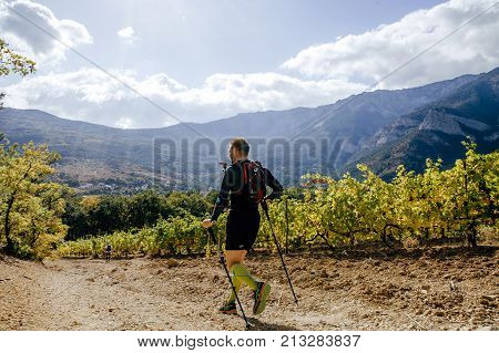 Crimea Russia - October 13 2017: man runner athlete running on sun valley vineyard during Crimea Х Run