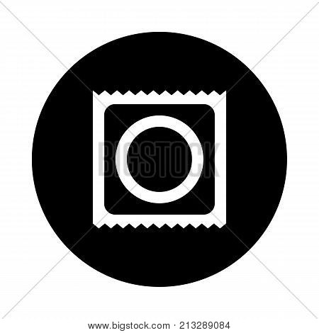 Condom circle icon. Black round minimalist icon isolated on white background. Condom simple silhouette. Web site page and mobile app design vector element.