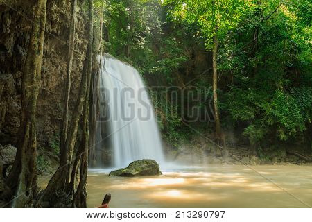 Erawan waterfall in the rainy season with turbid water Kanchanaburi Province Thailand.