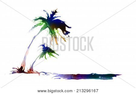 Palm tree on the beach, abstract background made of watercolour with space for text