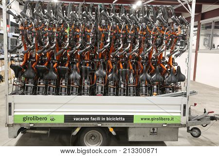 Vicenza, Vi, Italy - January 1, 2017: Warehouse Of Orange Bicycles For Eco-sustainable Tourism In Th