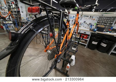 Vicenza, Vi, Italy - January 1, 2017: Mechanical Workshop For Bicycle Repairs In The Headquarters Of