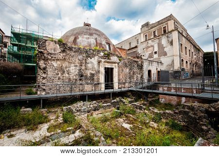 CATANIA, ITALY. April 3, 2015: Ancient Roman baths. Terme della Rotonda are spa facilities from the Roman period, dated to the I-II century AD and located in the historic center of Catania, Italy.
