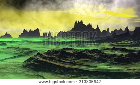Alien Planet - Artwork. Rocks and sky. 3D illustration