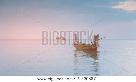 Small alone fishing boad seascape seacoat skyline natural landscape background