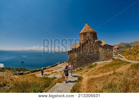 SEVANAVANK MONASTERY, ARMENIA - 02 AUGUST 2017: Famous Sevanavank Monastery Landmark on Scenic Lake Sevan in Armenia