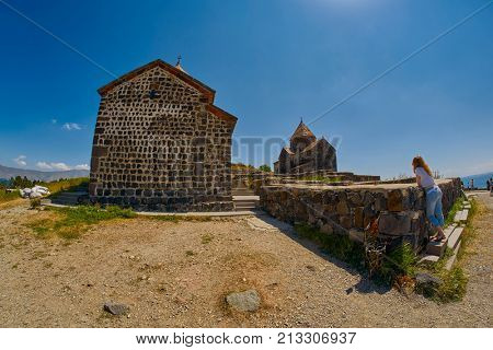 SEVANAVANK MONASTERY, ARMENIA - 02 AUGUST 2017: Famous Sevanavank Monastery Landmark on Scenic Lake Sevan in Armenia