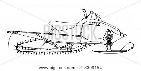 Snowmobile. Vector illustration in a hand-made style. Types of equipment from different sides.