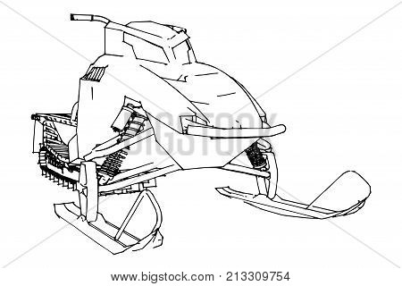 Snowmobile. Vector illustration in a hand-made style. Types of equipment from different sides.
