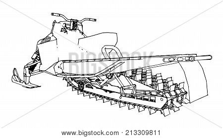 Snowmobile. Vector illustration in a hand-made style. Types of equipment from different sides.