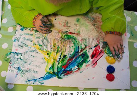 children painting with finger paint on white paper